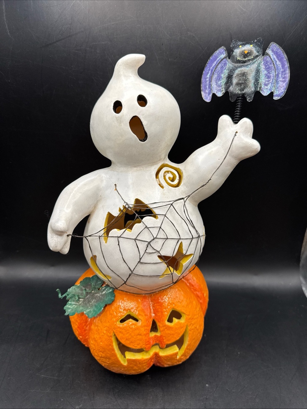 Vintage Halloween Lighted Ghost on Pumpkin Jack O Lantern Decor Decoration 13.5”